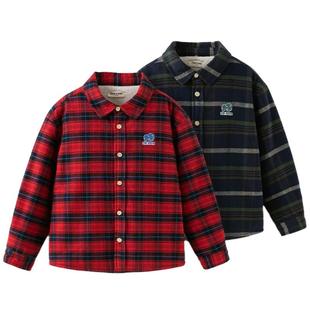 戴维贝拉儿童衬衫男童2026格子加绒衬衣中大童新款冬装上衣童装