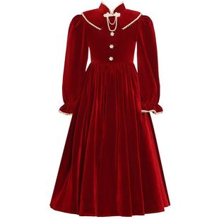 女童丝绒连衣裙2025新款秋冬小女孩洋气公主裙高端长款礼服拜年服