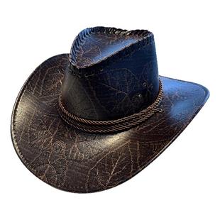 西部牛仔帽女士户外大檐遮阳帽PU皮质登山骑士帽男旅游防晒帽子潮