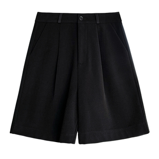 五分毛呢短裤女2025秋冬新款小个子高腰外穿a字阔腿休闲中裤黑色