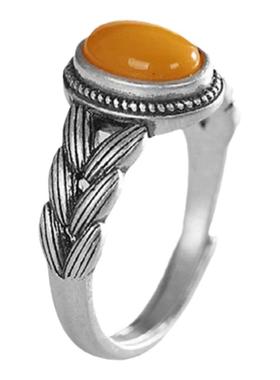 新中式s925银复古风哑光做旧麦穗蛋面戒指简约小巧气质女款银指环