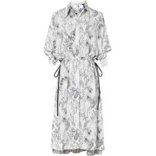 夏季女装2026新款气质杏色蝙蝠袖收腰显瘦印花衬衫连衣裙长裙