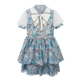 我爱露露LULUALWAYS秋季新款复古气质泡泡袖短袖连衣裙