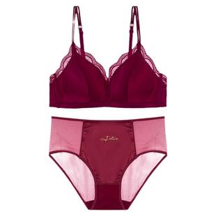 歌力诺本命年性感红色内衣女士法式缎面蕾丝薄款小胸聚拢文胸套装