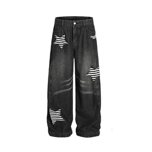 梁拌泡菜 美式hiphop牛仔裤设计感弯刀裤宽松阔腿跳舞兔子裤子女