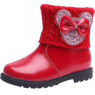 女童靴子2024秋季新款真皮加绒短靴韩版加厚公主棉靴女孩儿童冬鞋