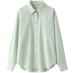 LAGOGO春日来信浅绿衬衫女拉谷谷2026春新款清新文艺通勤刺绣上衣