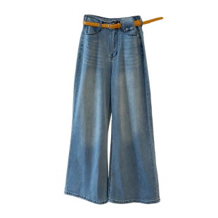 蓝色高腰牛仔裤女夏新款时尚复古百搭宽松直筒九分阔腿裤子配腰带