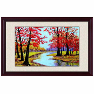清仓特价苏州园林软裱刺绣画苏绣成品装饰画红枫黄金大道风景画