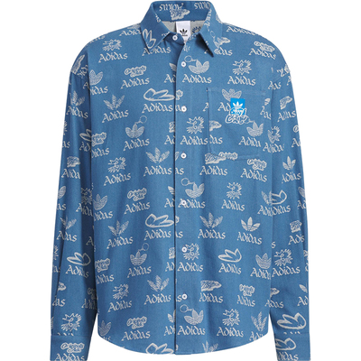 Adidas/阿迪达斯正品三叶草男士宽松翻领满印时尚衬衫JN1662