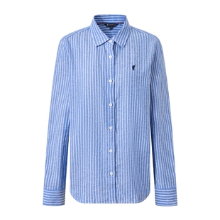 POLOWALK女式衬衫2026春季新品亚麻混纺条纹翻领休闲通勤长袖衬衫