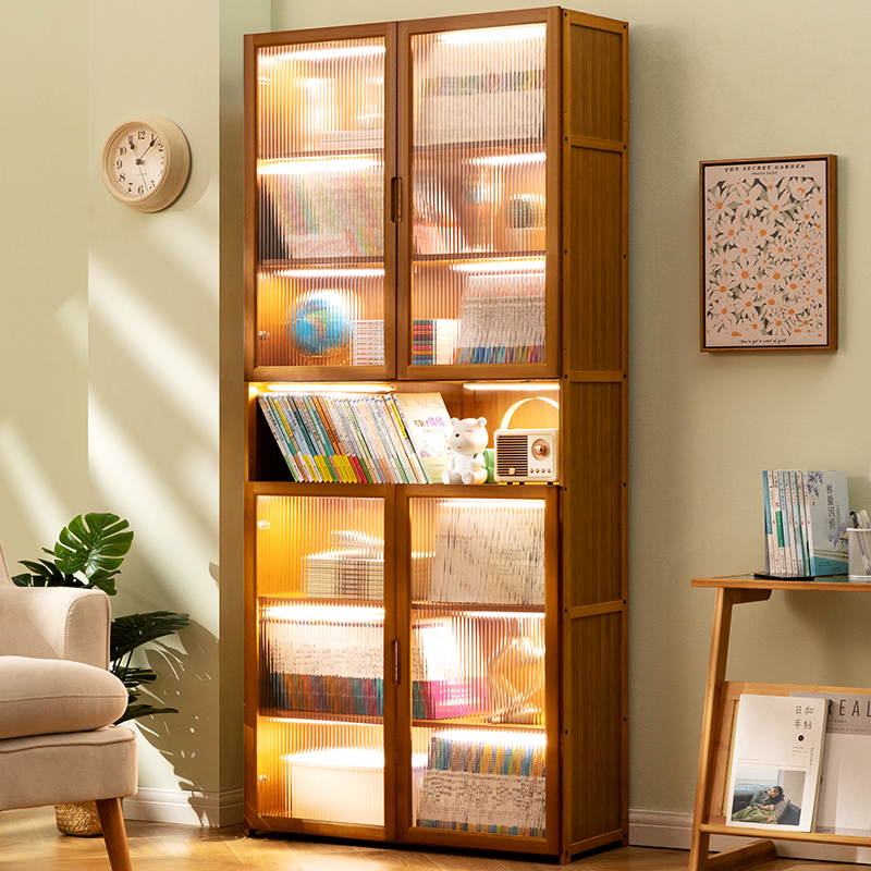 书柜现代简约带门防尘格子柜实木书架窄柜置物落地组合立柜储物柜
