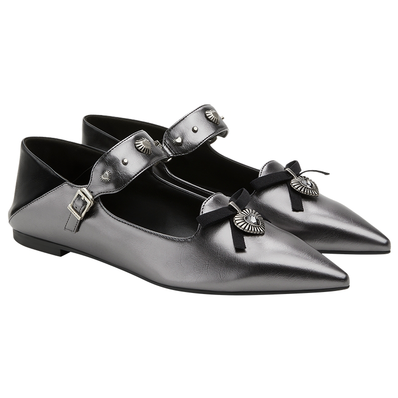 CHARLES&KEITH25春新款CK1-70580254平底尖头铆钉蝴蝶结玛丽珍鞋