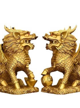 黄铜麒麟摆件招财镇宅火麒麟桌面装饰品店铺办公室装饰全铜工艺品