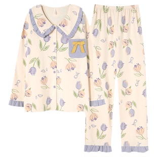 都市丽人纯棉睡衣女春秋款带胸垫长袖套装2025新款开衫甜美家居服