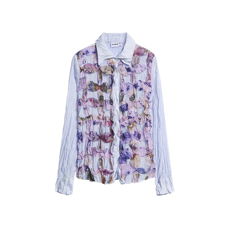 Desigual26秋冬新品皱褶肌理水彩晕染印花立体贴布长袖女式衬衫