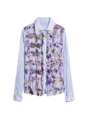Desigual26秋冬新品皱褶肌理水彩晕染印花立体贴布长袖女式衬衫