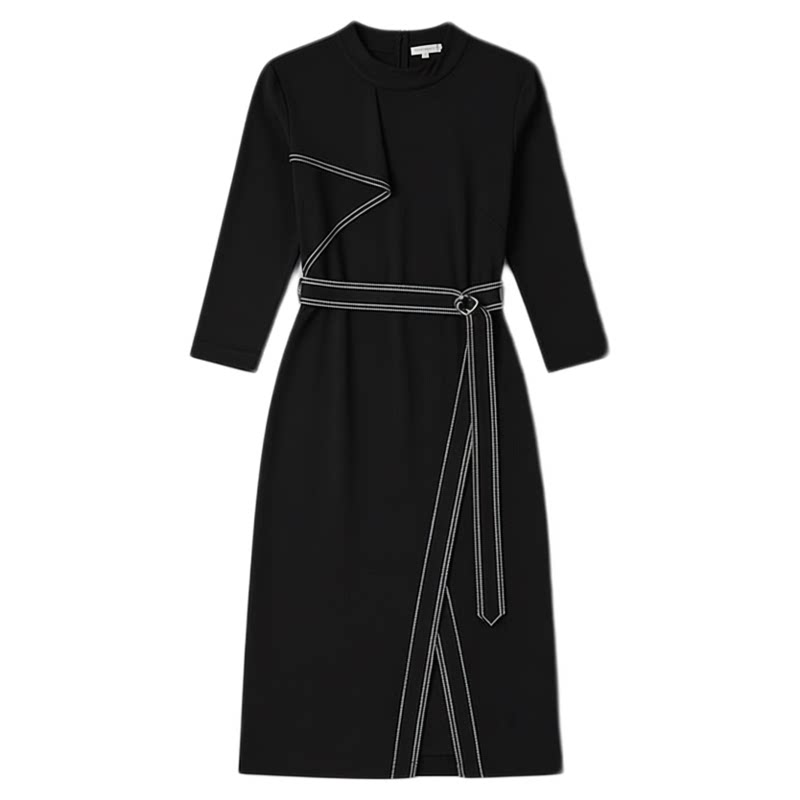 黑色长袖修身系带开叉礼服连衣裙