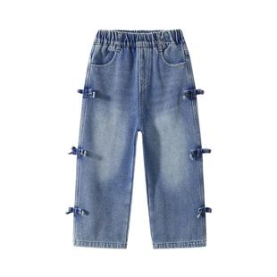 植木童装 儿童裤子2025秋冬新款中大童直筒牛仔裤女童加绒裤子