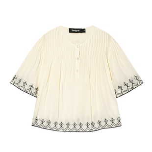 Desigual重工刺绣打褶法式慵懒风宽松短袖女士衬衫