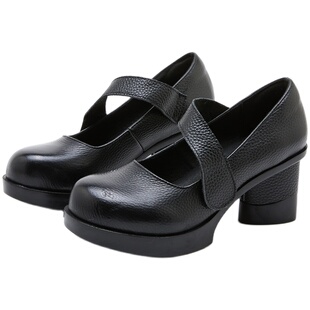 771防水台拉带单鞋舒适真皮春季粗跟四季时尚简约圆头单鞋2023春