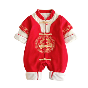 婴儿周岁礼服一岁宝宝秋季加绒衣服生日抓周百天满月拜年服连体衣