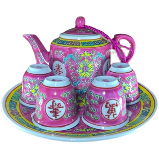 红万寿无疆6头小号茶具拜拜杯景德镇酒杯老式寿字茶壶盘子套陶瓷