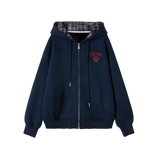 【澜起捉月】Uena美式复古藏青色拼接格纹字母烫钻连帽加绒卫衣女