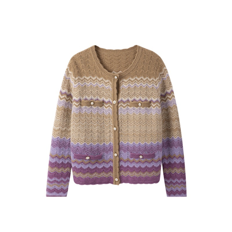 精美渐变紫！费尔岛提花珍珠扣毛衣羊绒开衫羊绒连衣裙套装女秋冬