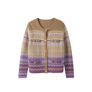 精美渐变紫！费尔岛提花珍珠扣毛衣羊绒开衫羊绒连衣裙套装女秋冬