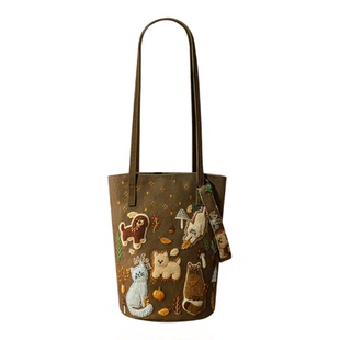 拾嘉水桶包包女式单肩包通勤手提斜挎包日常大容量美拉德色系猫狗