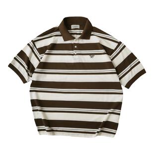 SONOFLOONG复古透气条纹POLO衫男宽松翻领短袖T恤潮牌速干tee日系