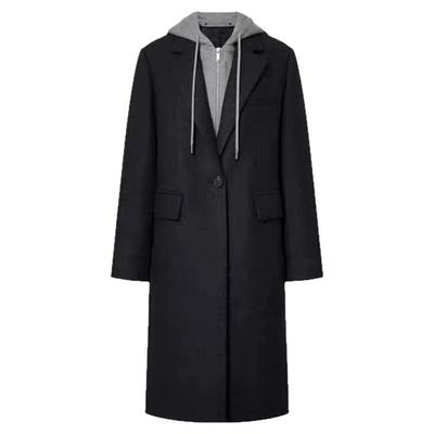 秦岚机场同款深灰色毛呢大衣假两件呢子西装卫衣连帽拼接外套秋冬