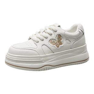 康奈秋季新款女鞋低帮百搭小白鞋春秋厚底增高轻便运动鞋蝴蝶装饰