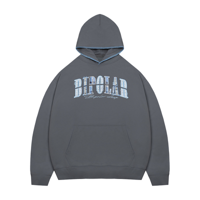 BIPOLAR蓝白灰三拼贴布连帽卫衣