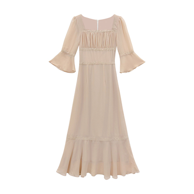 板栗西西【人间秀珠】法式荷叶袖七分袖沙金色连衣裙长裙子女夏