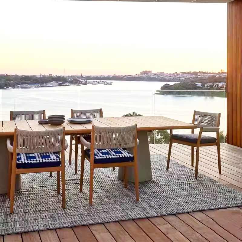 户外餐桌椅柚木编织防水防晒花园家具椅藤编休闲室外庭院大理石桌