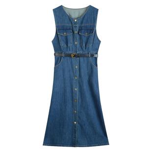 ron&ron复古无袖背带牛仔裙2023早秋新款收腰显瘦a字长款连衣裙T