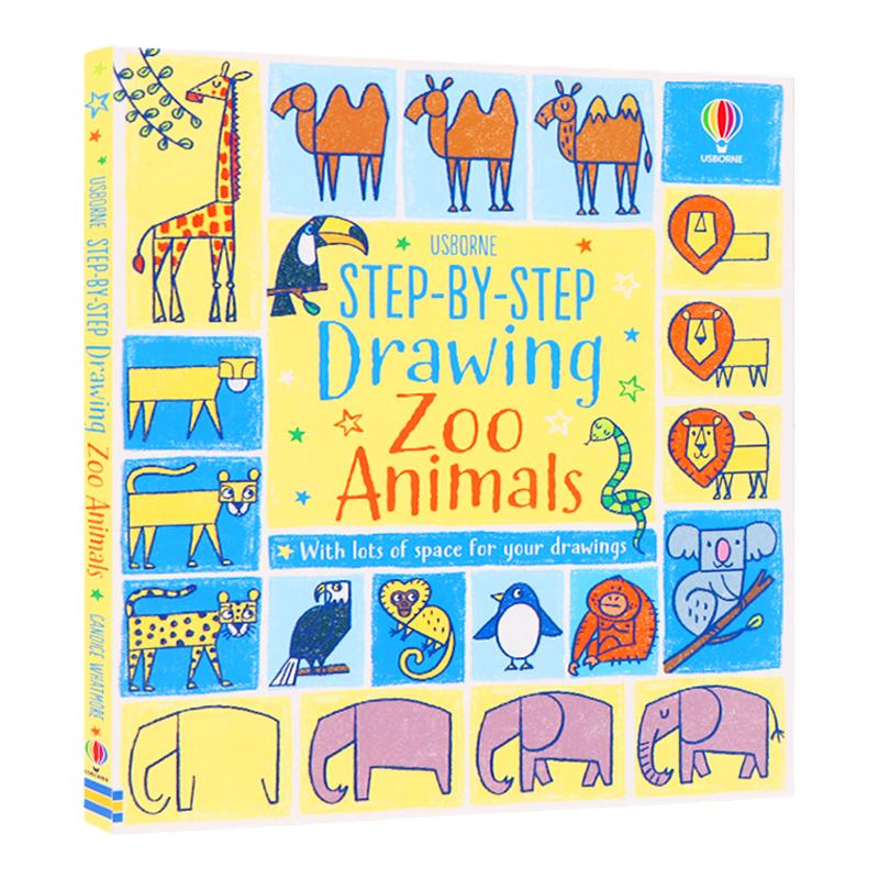 Usborne 一步一步画动物英文原版绘本 Step-by-Step Drawing Zoo Animals 幼儿绘画艺术启蒙亲子共读早教书儿童简笔画入门画册