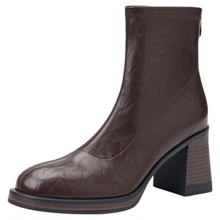 达芙妮高跟短靴女2025新款靴子女鞋冬季黑色加绒女靴厚底马丁靴女