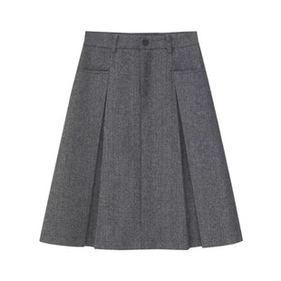 秋冬韩版西装中长半身裙格雷灰百褶裙人纹高腰显瘦niu系复古a字裙