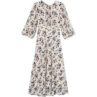 LK BENNETT米色素雅印花连衣裙2025年春新款圆领灯笼袖收腰长款