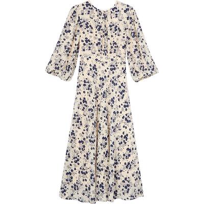 LK BENNETT米色素雅印花连衣裙2025年春新款圆领灯笼袖收腰长款