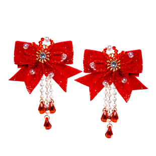 儿童中国古风发夹红色蝴蝶结流苏毛球头饰女孩子汉服配饰马年春节