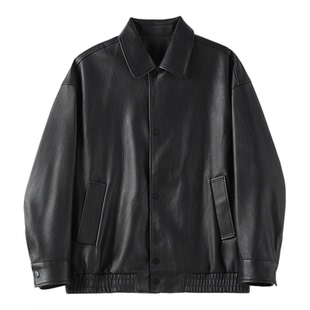 特价 高级潮奢荔枝纹肌理PU皮夹克男士双门襟机车风翻领皮衣外套