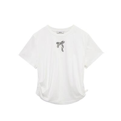MESUX米岫夏长绒棉含桑蚕丝蝴蝶结印花美式复古修身T恤MNMUB327