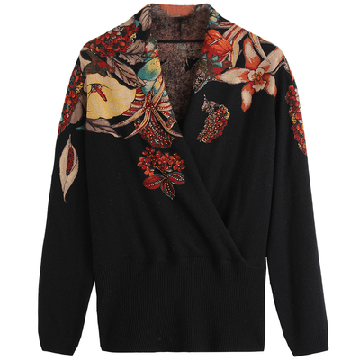 品牌女装大码纯羊毛衫中老年毛衣秋冬洋气妈妈印花针织遮肚打底衫