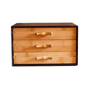 中式实竹节茶饼收纳盒多层抽屉桌面储物盒 整理盒创意竹制首饰盒