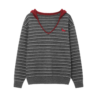 BIPOLAR条纹撞色连帽毛衣V领显瘦套头针织衫上衣女宽松百搭秋冬款