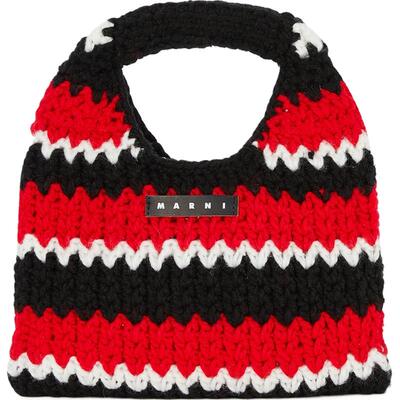 【礼物】MARNI 女红色皮革边饰条纹针织手提包